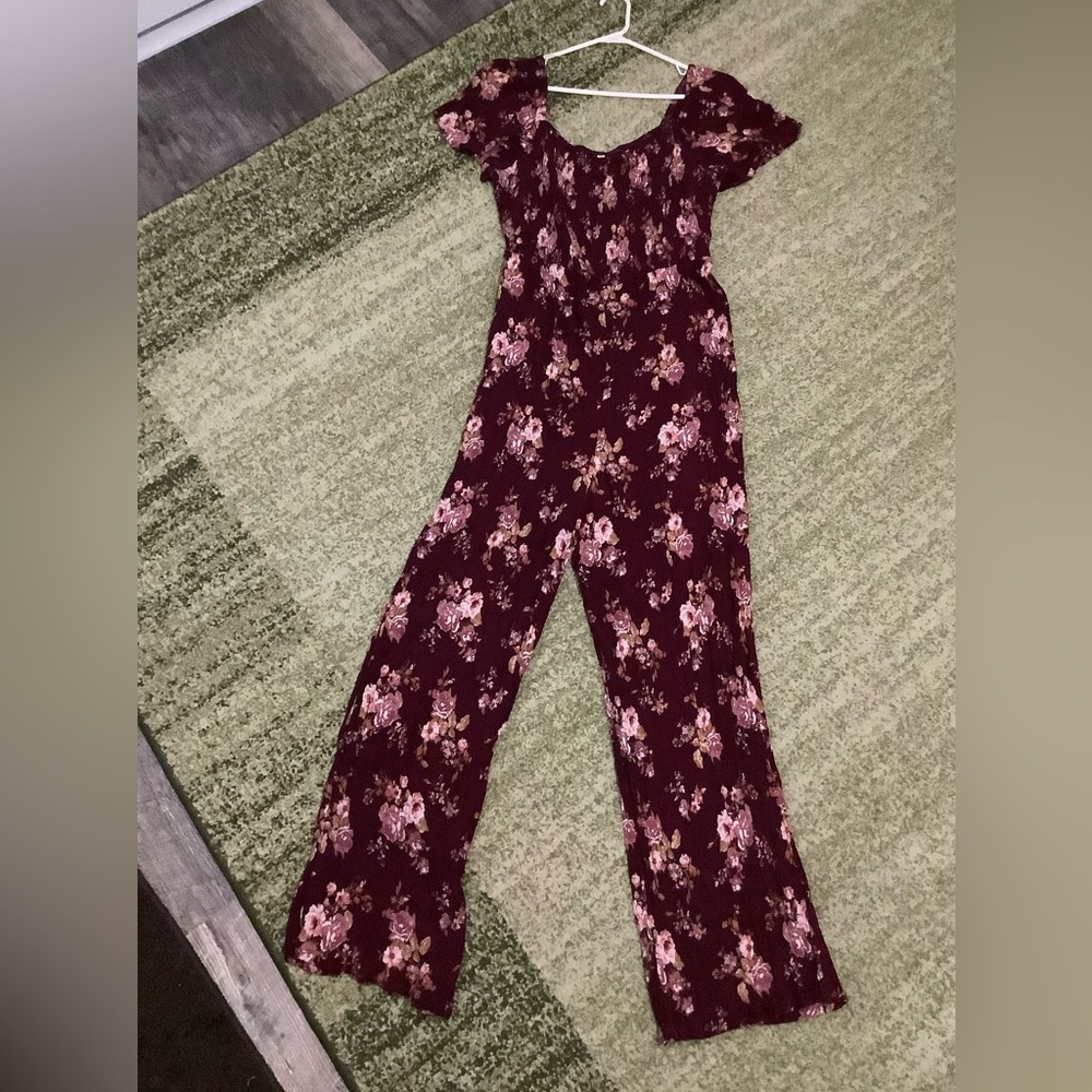 Xhilaration XL jumpsuit burgundy floral rayon - Picture 3 of 8